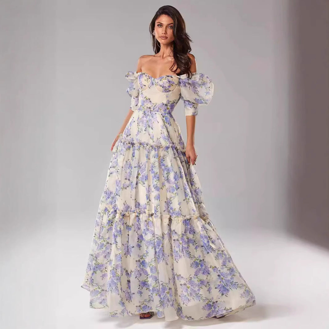 Damen Elegantes Maxikleid mit schulterfreien Rüschenärmeln und floralen Akzenten Drune