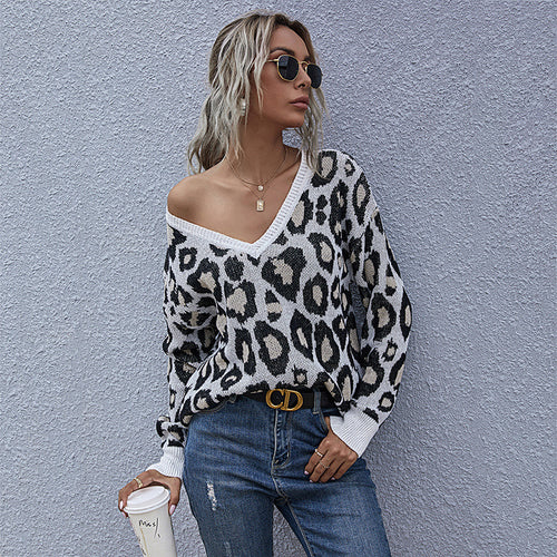Damen legerer Pullover mit Leopardenmuster und V-Ausschnitt Drune