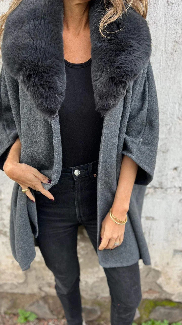 Damen elegante Übergangsjacke mit luxuriösem Kunstpelzkragen Drune