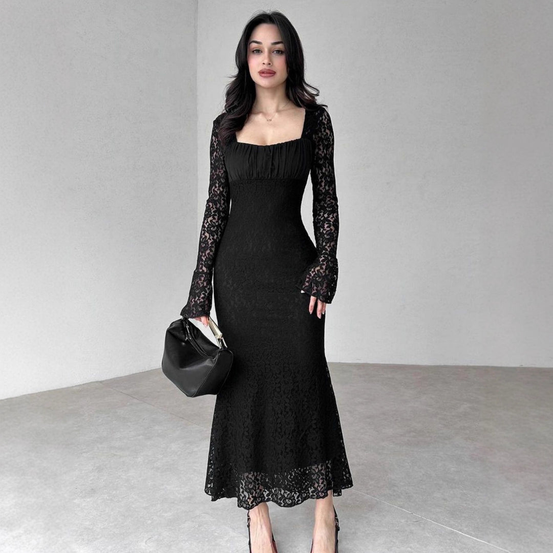 Damen elegantes Spitzenkleid mit langem Arm und figurbetontem Schnitt Drune