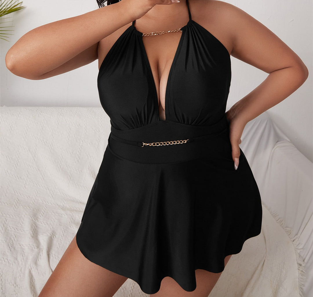 Damen Strandkleid mit tiefem V-Ausschnitt und dekorativem Ketten-Detail Drune