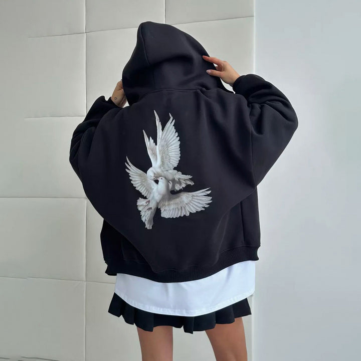 Damen Kapuzensweater mit kunstvollem Vogelmotiv und entspannter Passform Drune