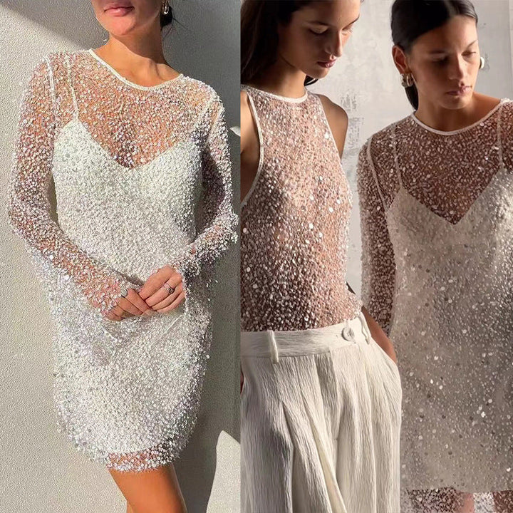 Damen Glitzerndes Cocktailkleid mit schimmernden Pailletten und langen Ärmeln Drune
