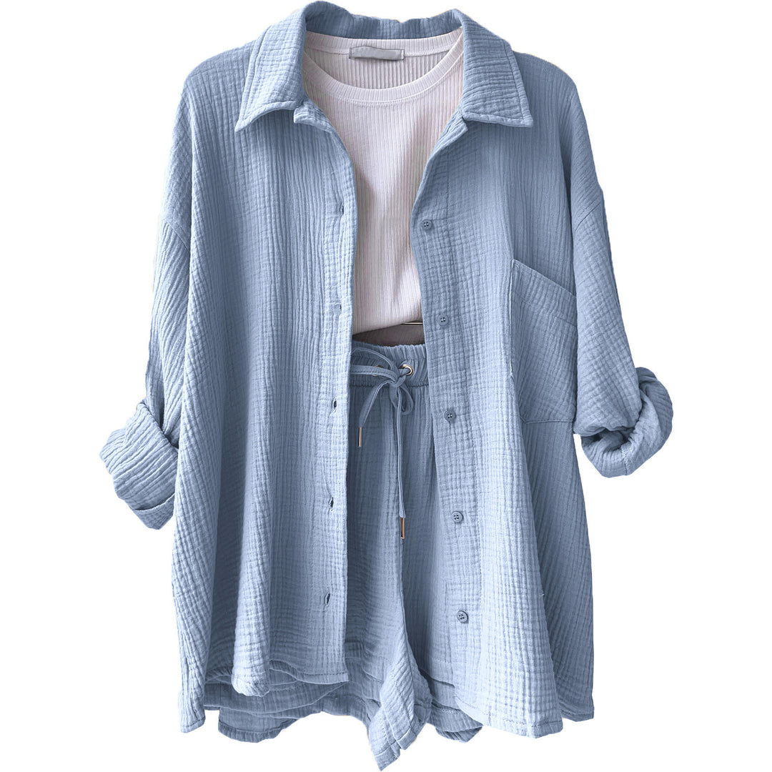 Damen lässiges Oberteil und Shorts-Set mit Knopfdetails Drune