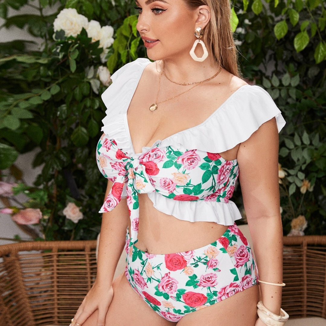 Damen Bikini-Set mit floralem Wickeloberteil und hohen Taillenhosen Drune