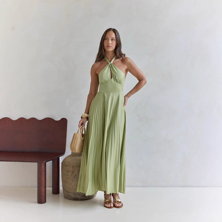 Damen Maxi-Kleid mit elegantem Halter-Design und plissiertem Rock Drune