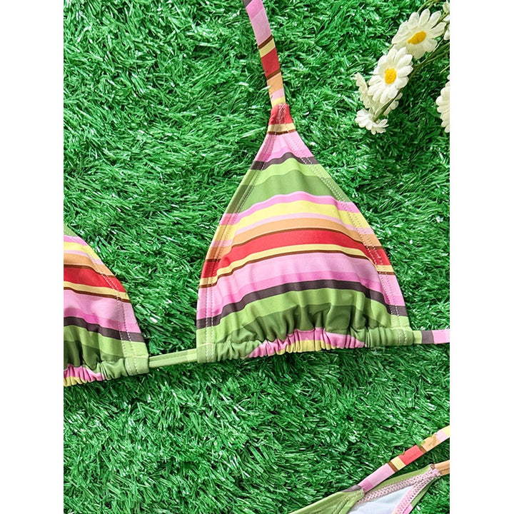Damen Triangel-Bikini mit verstellbaren Trägern und buntem Streifenmuster Drune