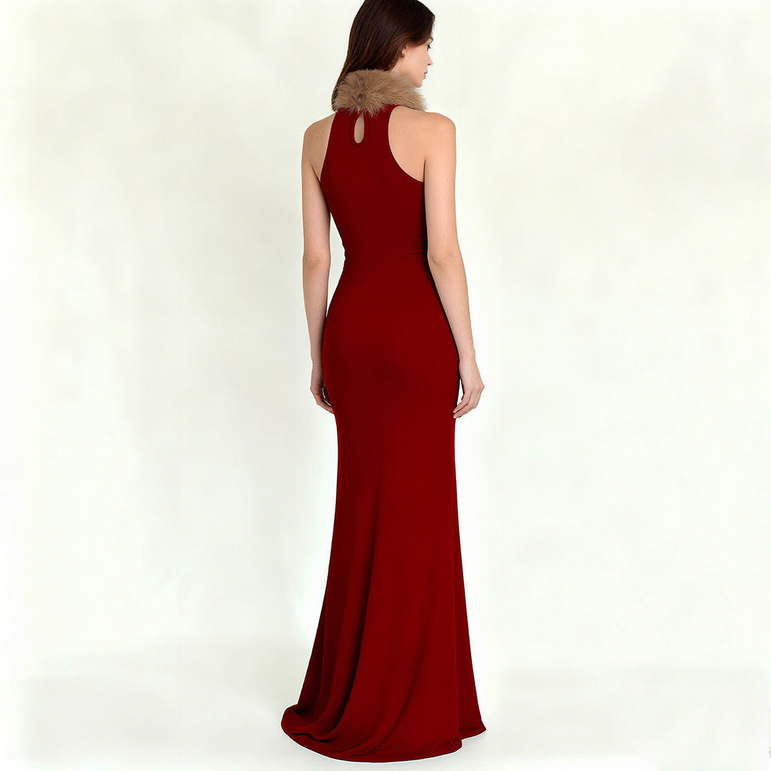Damen Elegantes Maxikleid mit luxuriösem Kunstpelzkragen Drune