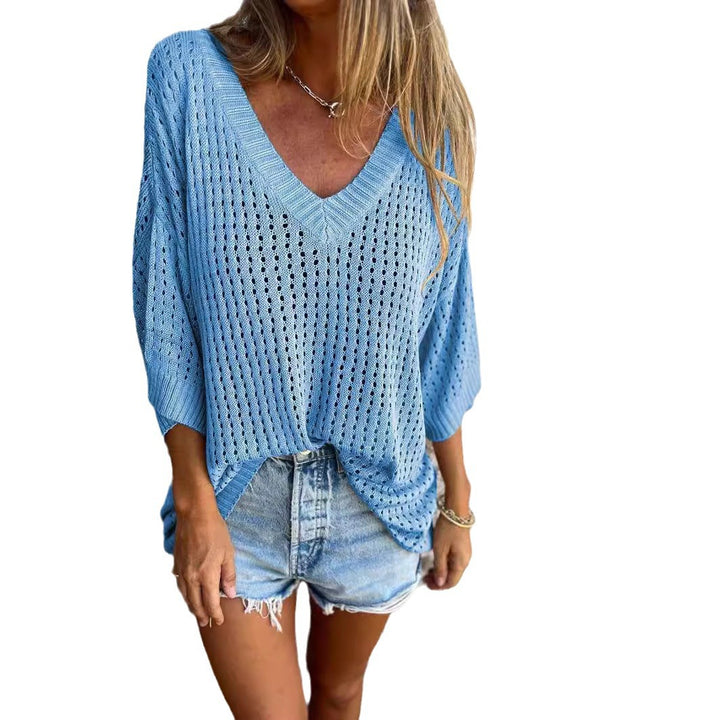 Damen nan luftig gestrickter V-Ausschnitt Pullover im Oversize-Schnitt Drune