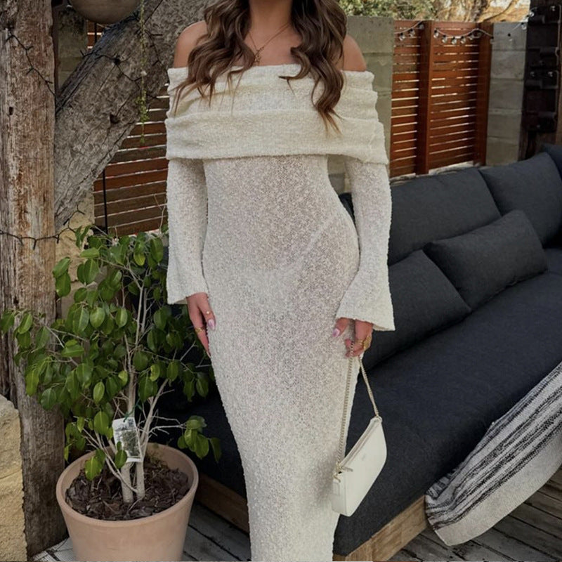 Damen Off-Shoulder Strickkleid mit langen Ärmeln und eleganter Silhouette Drune