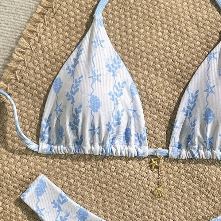 Damen Triangel-Bikini mit maritimem Muster und verstellbaren Bindebändern Drune