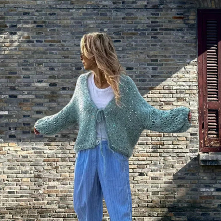 Damen Grobstrickjacke mit festlichem Knotendetail und weit geschnittenen Ärmeln Drune