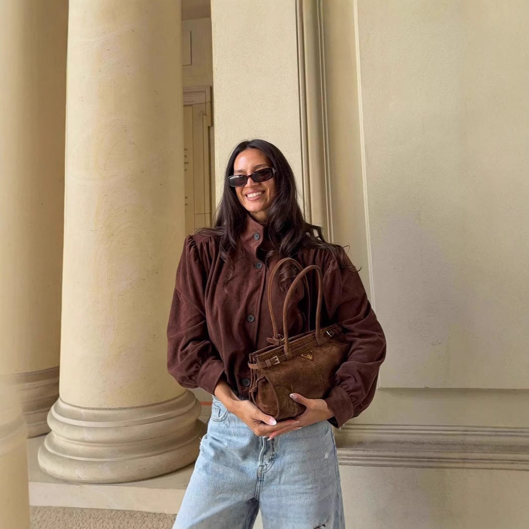 Damen Oversized Bluse mit schickem Plissee-Design und eleganten Knopfdetails Drune