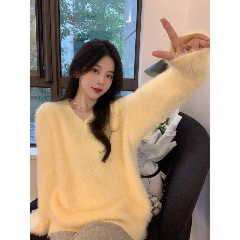 Damen Flauschiger V-Ausschnitt Pullover mit weichem Material und lässigem Schnitt Drune