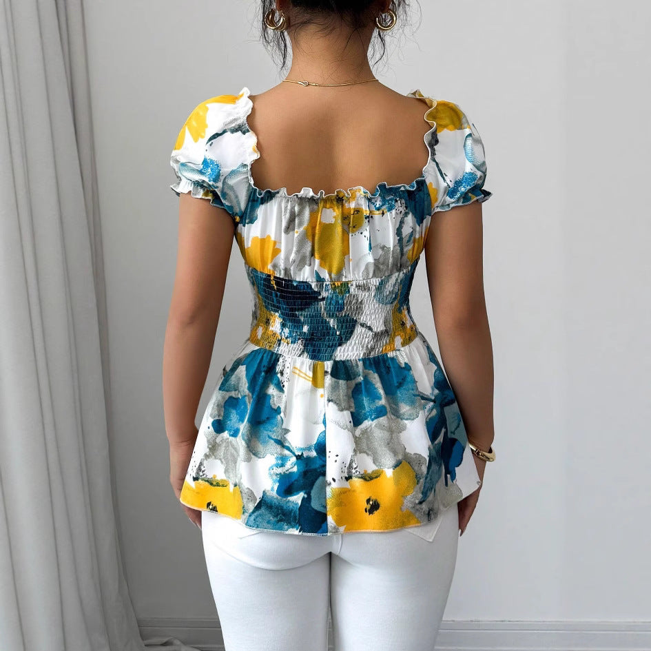 Damen Bluse mit floralen Rüschen und elastischem Taillenbund Drune