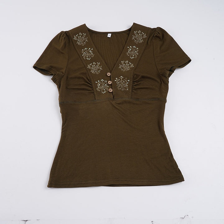Damen Kurzarmshirt mit dekorativen Knopf- und Stickdetails Drune