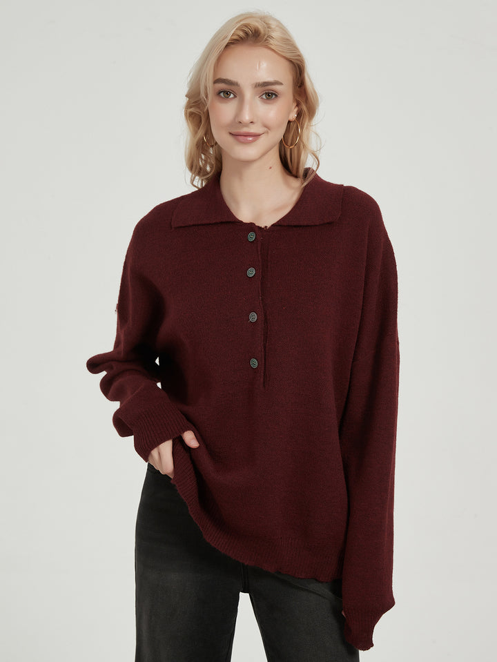 Damen Oversized Strickpullover mit elegantem Kragen und Knopfdetails Drune