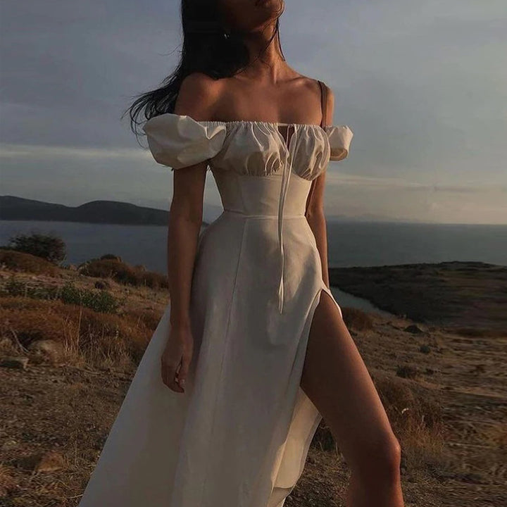 Damen Maxikleid mit schulterfreier Silhouette und raffinierten Puffärmeln Drune
