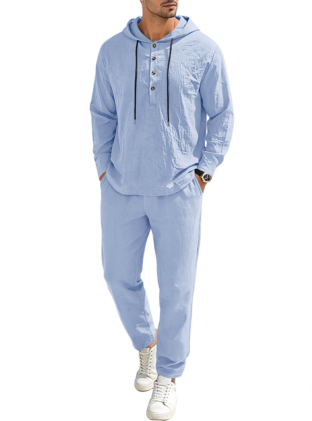 Herren nan entspannter Kapuzen-Henley Freizeitanzug aus leichter Baumwollmischung in Leinenoptik mit Kordelzug und elastischer Bundhose Drune