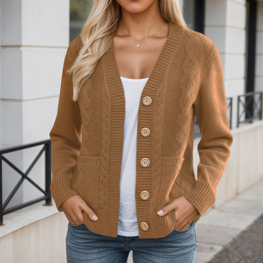 Damen nan längerer Strickcardigan mit Kabelstruktur, V-Ausschnitt und Holzknopfleiste Drune