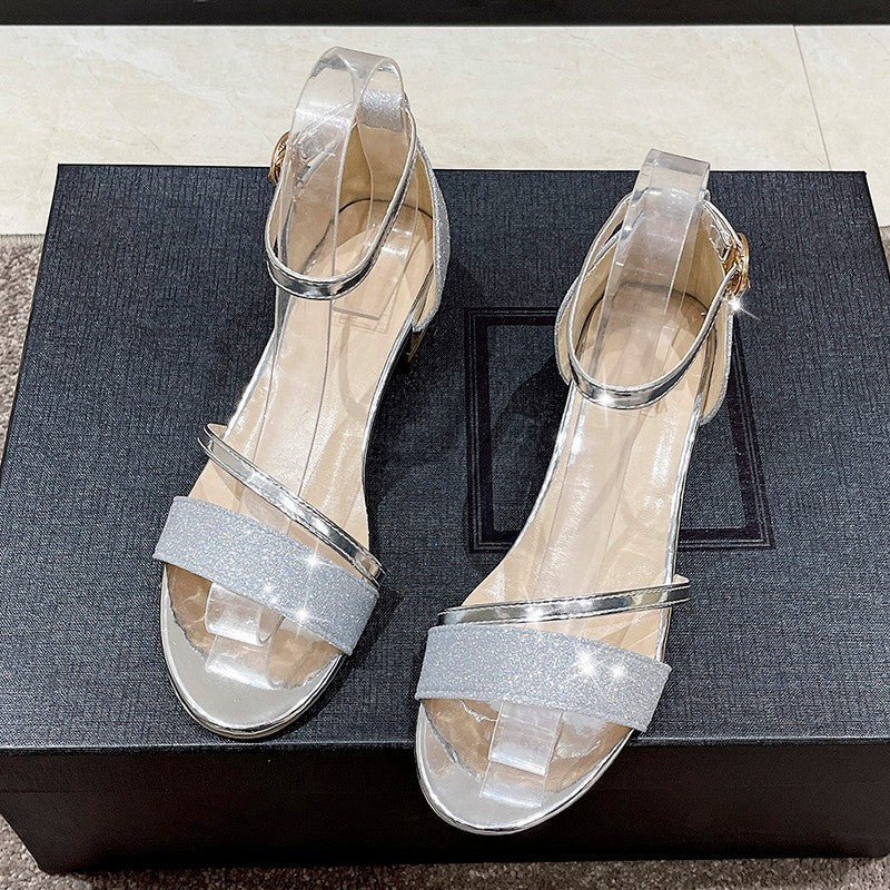 Damen elegante Glitzer-Sandaletten mit Blockabsatz Drune
