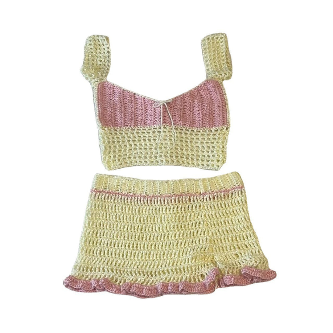 Damen gehäkeltes Crop-Top und Minirock-Set mit Schnürdetails Drune