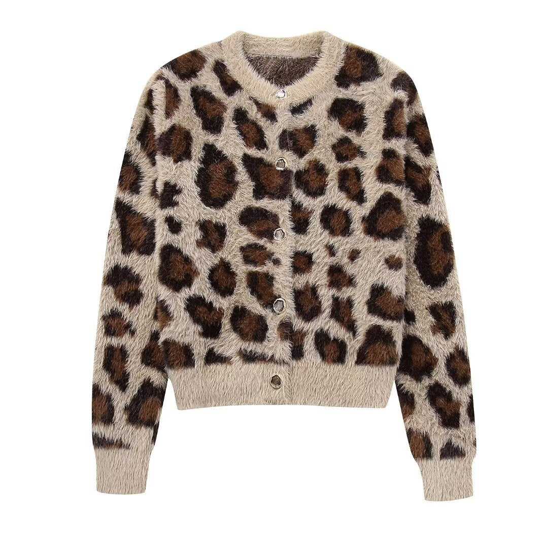 Damen nan kuschelige Strickjacke mit Leopardenmuster, Rundhalsausschnitt und durchgehender Knopfleiste Drune