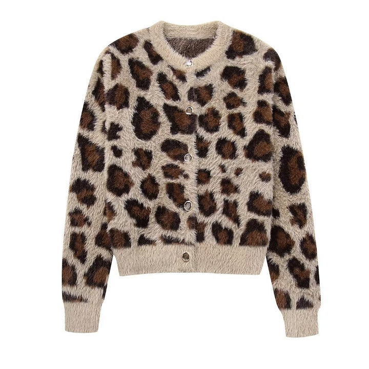 Damen nan kuschelige Strickjacke mit Leopardenmuster, Rundhalsausschnitt und durchgehender Knopfleiste Drune