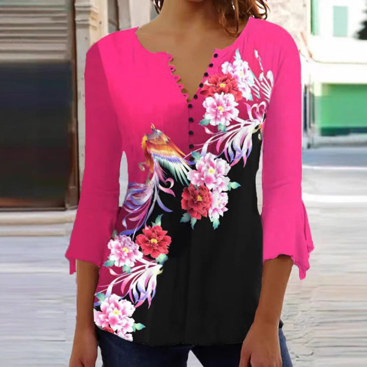 Damen Bedruckte Tunika-Bluse mit Knopfleiste Drune