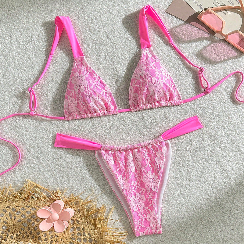 Damen Triangel-Bikini mit floralem Spandex-Muster und verstellbaren Trägern Drune