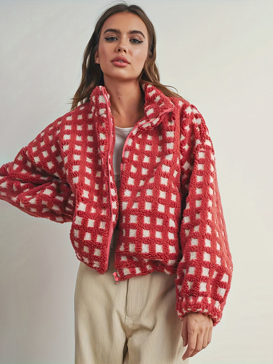 Damen kuschelige Oversized Fleecejacke mit Karomuster und hohem Kragen Drune