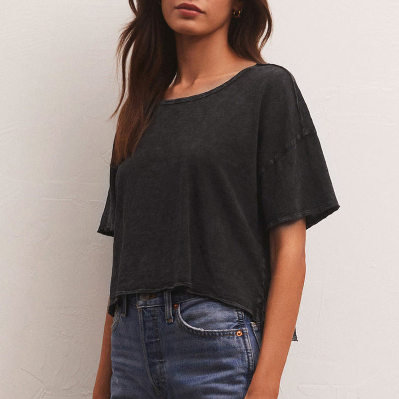 Damen lässiges Cropped T-Shirt mit weitem Schnitt und atmungsaktiver Baumwollqualität Drune
