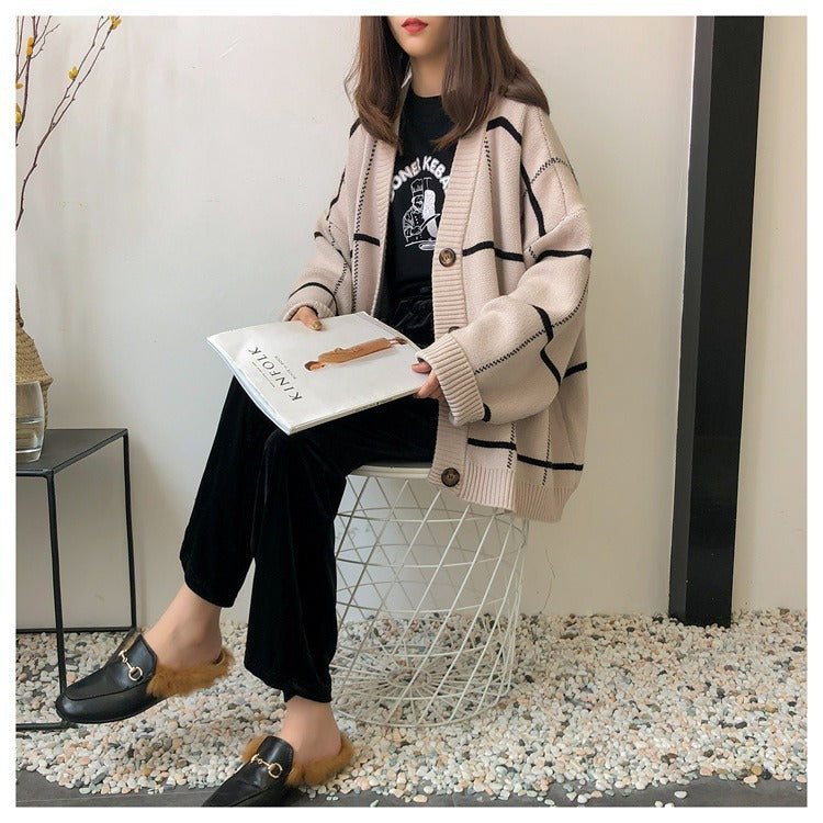 Damen Grobstrickjacke mit modischem Karo-Muster und praktischen Taschen Drune