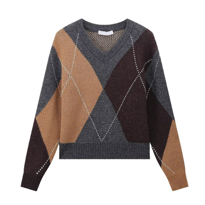 Damen modischer V-Ausschnitt Pullover mit grafischem Muster Drune