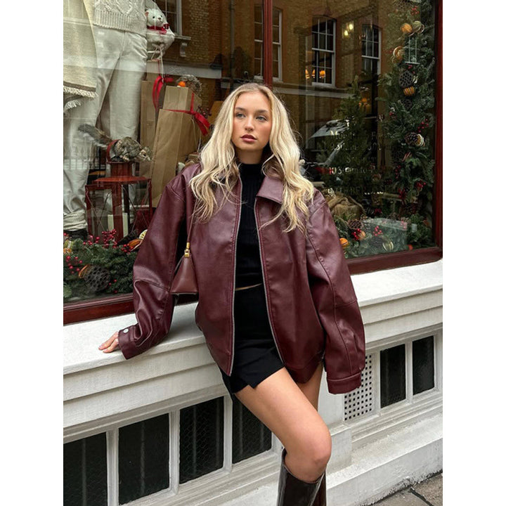 Damen Lässige Lederjacke mit Oversize-Schnitt Drune