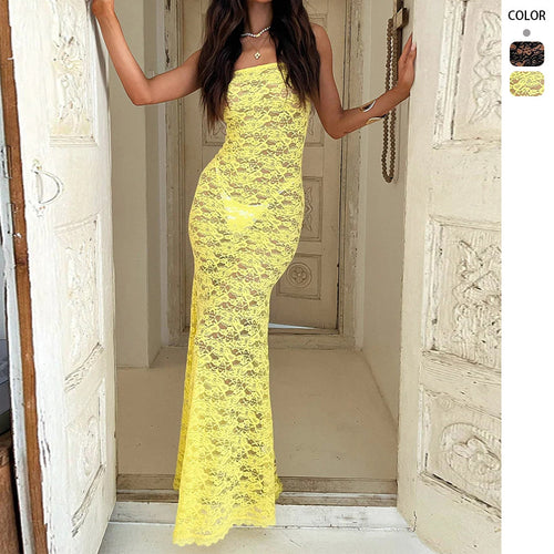 Damen Elegantes Spitzen-Maxikleid mit trägerlosem Design und figurbetontem Schnitt Drune
