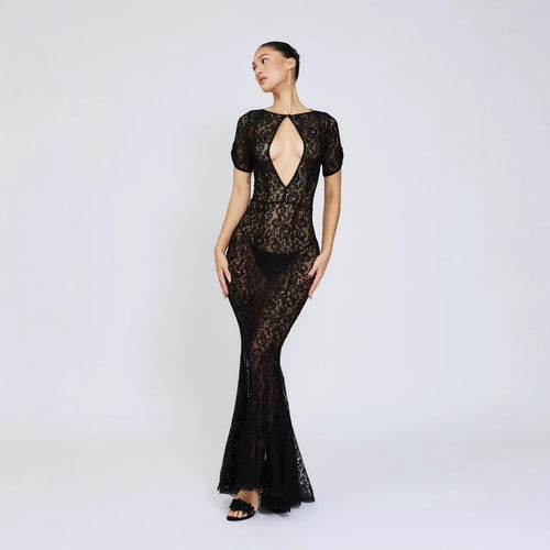Damen Spitzenkleid mit tiefem Ausschnitt und ausgestelltem Schnitt Drune