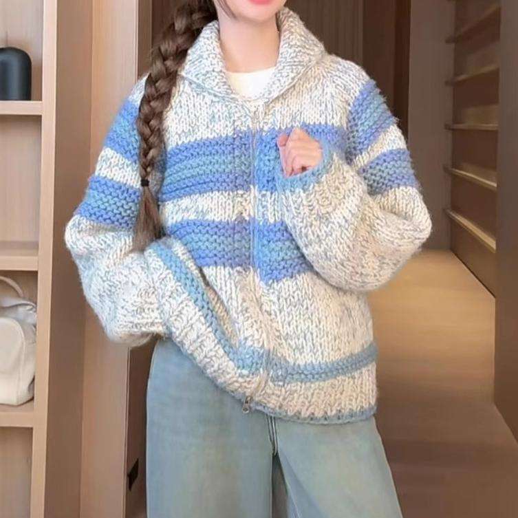 Damen Strickjacke mit breiten Streifen und hochwertigem Reißverschluss Drune