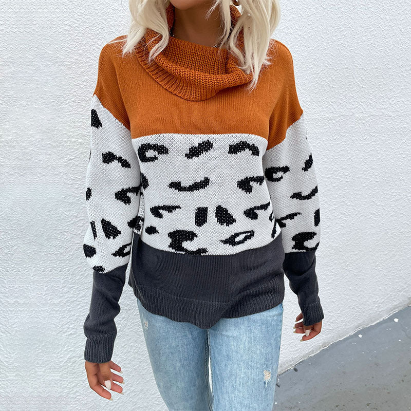 Damen Grober Strickpullover mit Leo-Muster und hohem Kragen Drune