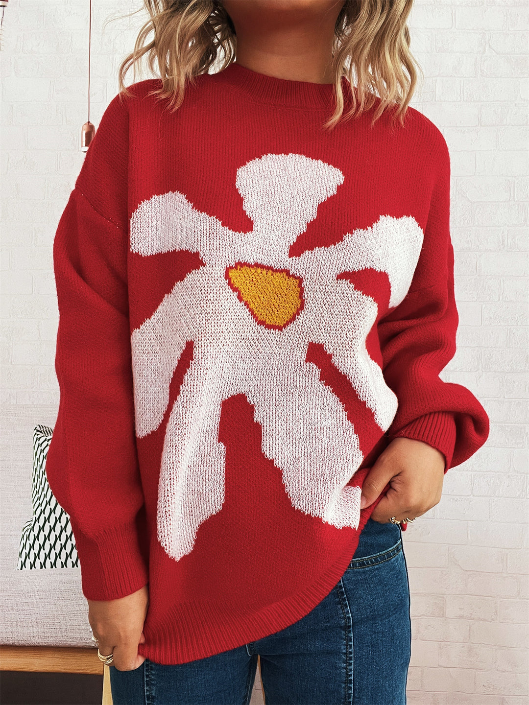 Damen lässiger Pullover mit floralem Motiv und lässigem Schnitt Drune