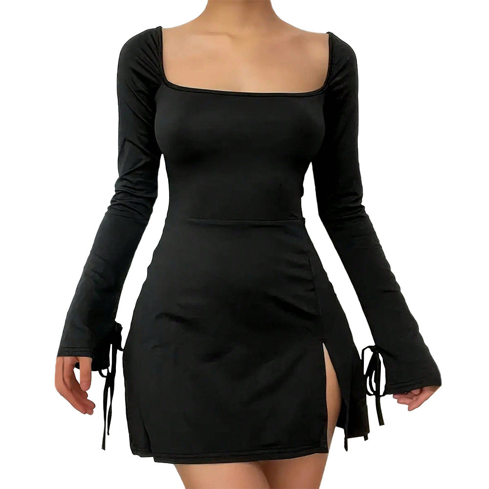 Damen Minikleid mit tiefem V-Ausschnitt, langem Arm und eleganter Schnürung Drune
