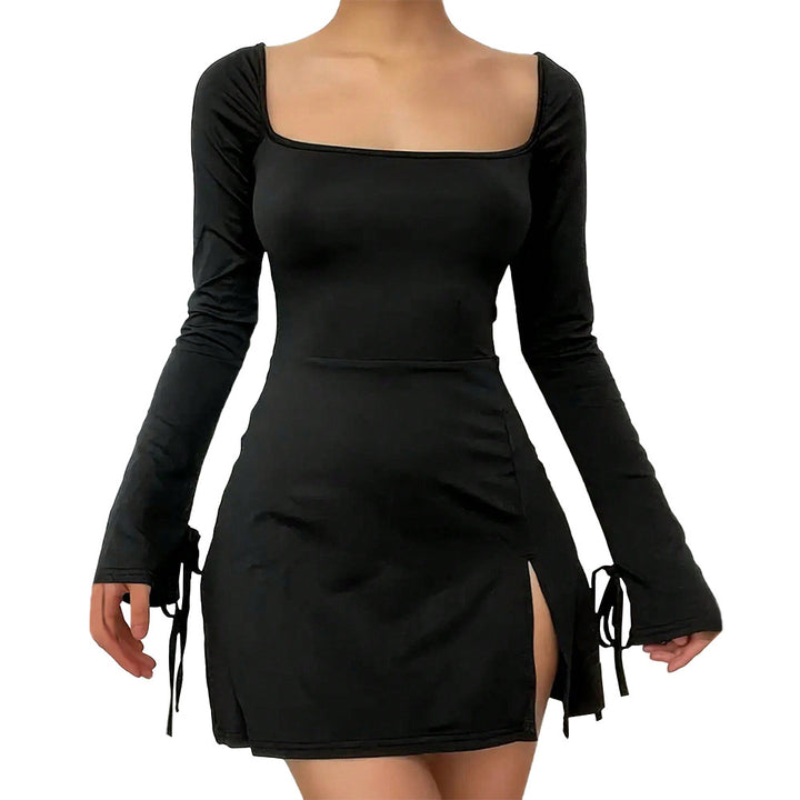 Damen Minikleid mit tiefem V-Ausschnitt, langem Arm und eleganter Schnürung Drune