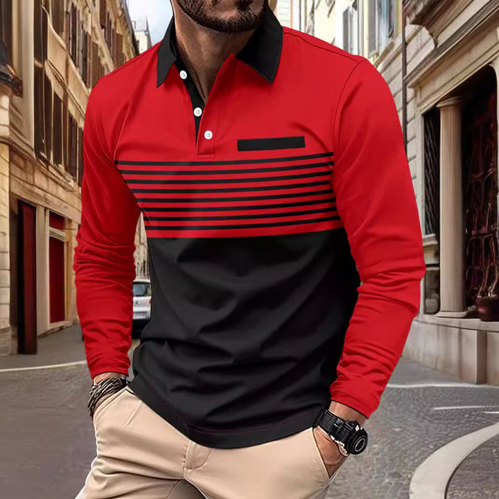 Herren nan langärmliges Poloshirt mit kontrastierendem Hemdkragen, dezenter Brustpaspel und feinem Streifenrelief Drune