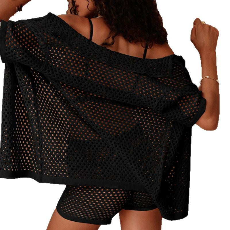 Damen luftiges Häkel-Set mit knöpfbarem Shirt und Shorts Drune