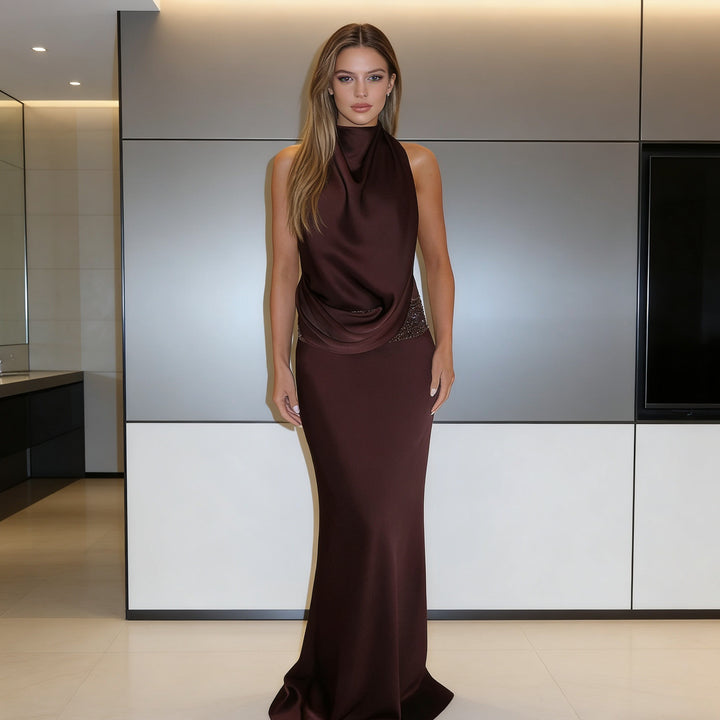 Damen Elegantes und fließendes Abendkleid mit hohem Kragen Drune