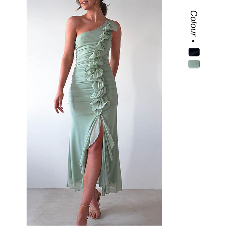 Damen Elegantes Rüschen-Maxi-Kleid im Stile einer Seite mit hohem Schlitz Drune