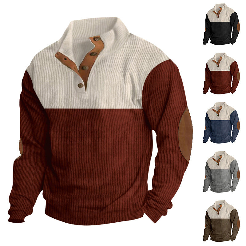 Herren nan gerippter Henley-Strickpullover mit Lederbesatz an Knopfleiste und Ellbogen-Patches Drune