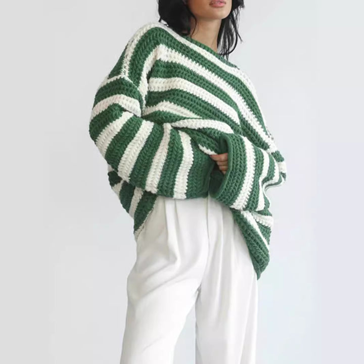 Damen lässiger gehäkelter Pullover mit modernen Blockstreifen Drune