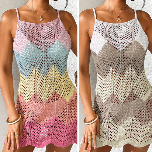 Damen Häkel-Strandkleid mit V-Ausschnitt und Zickzackmuster Drune
