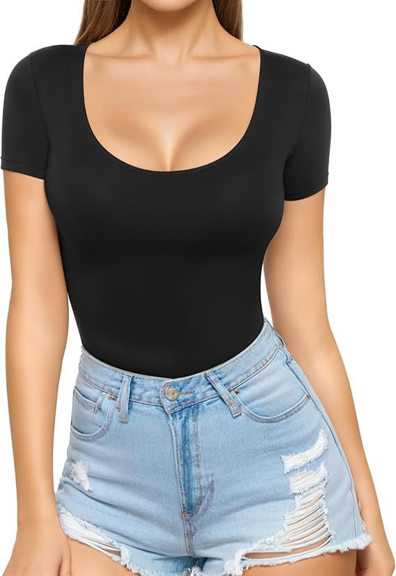 Damen figurbetontes Kurzarm-Body mit rundem Ausschnitt und nahtlosem Design Drune